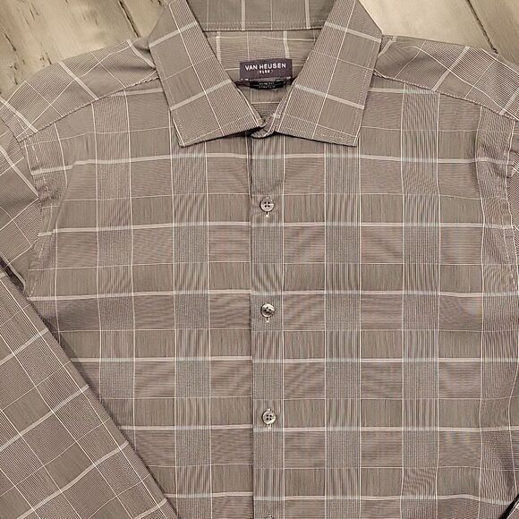 Van Heusen Gray Dress Shirt with Windowpane Pattern Slim Fit - Picture 2 of 4
